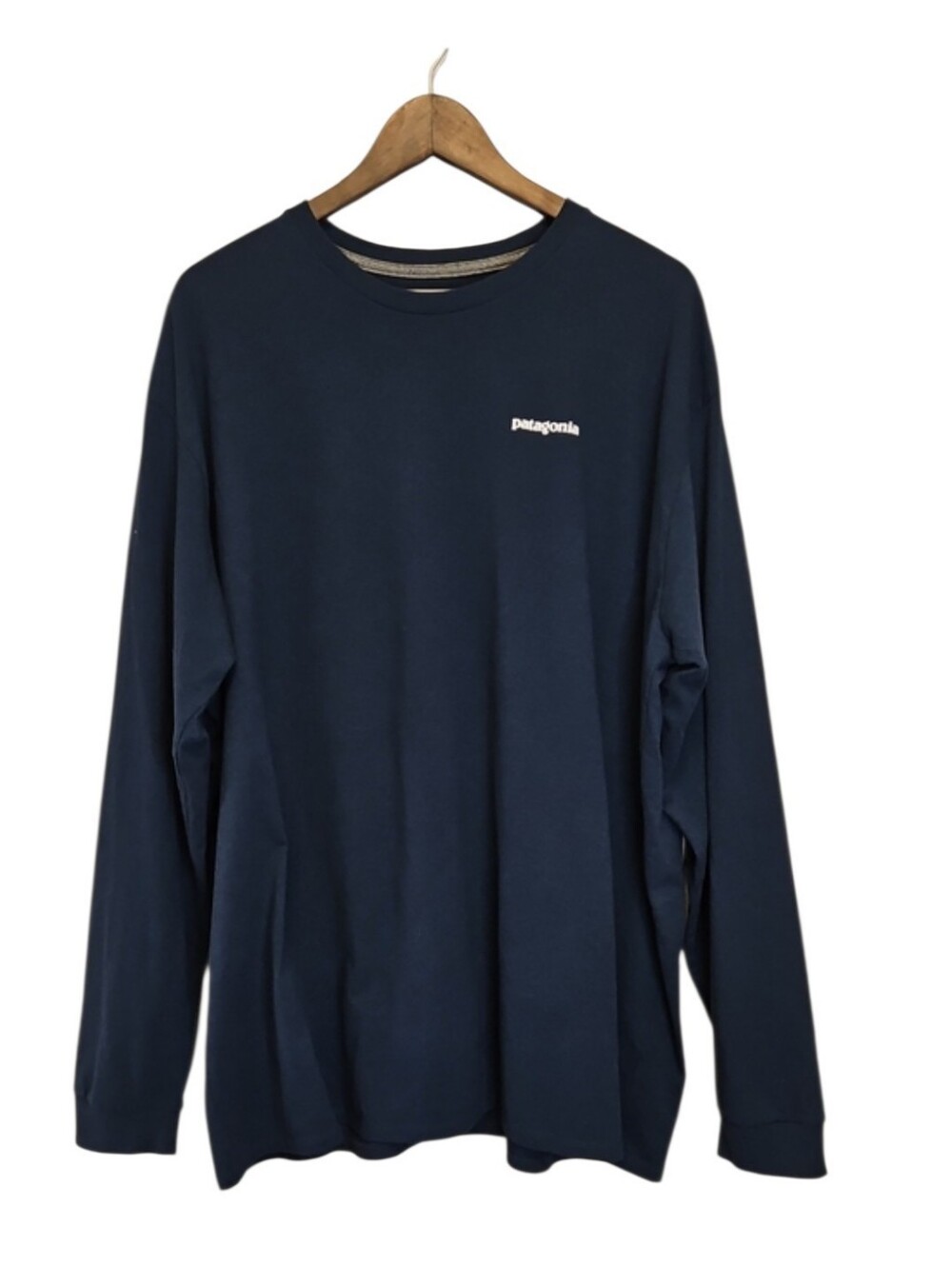 Patagonia Men's Long-Sleeve Crew Tee in Dark Blue with White Logo, Size 3XL